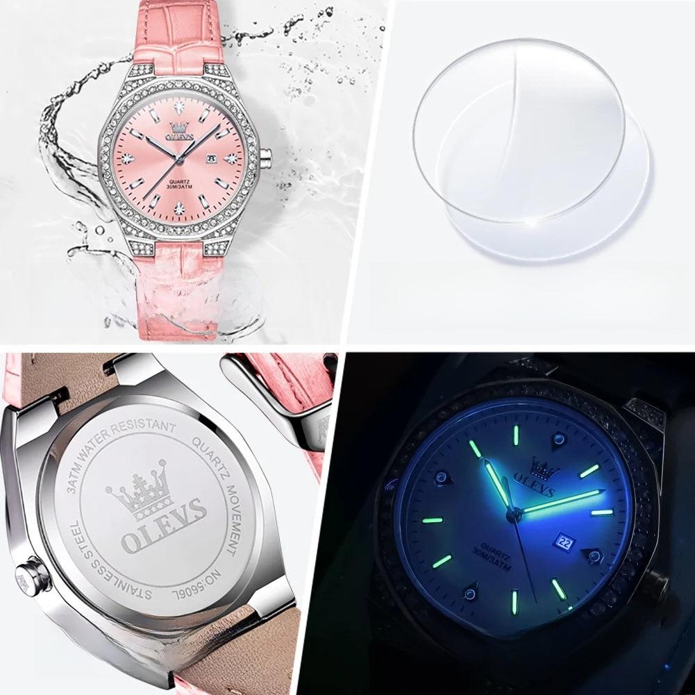 Women's Crystal Bezel White Leather Strap Watch Quartz Date BandsCo Straps