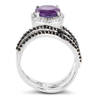 2.31 Carat Genuine Amethyst, Black Spinel and White Diamond .925 Sterling Silver Ring Bids.com
