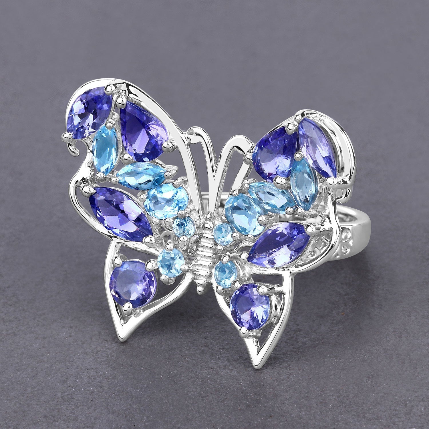 3.60 Carat Genuine Tanzanite and Swiss Blue Topaz .925 Sterling Silver Ring Bids.com