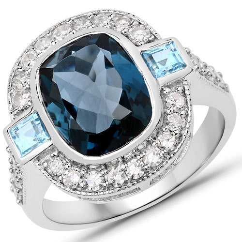 "5.27 Carat Genuine London Blue Topaz, Swiss Blue Topaz and White Diamond .925 Sterling Silver Ring Bids.com