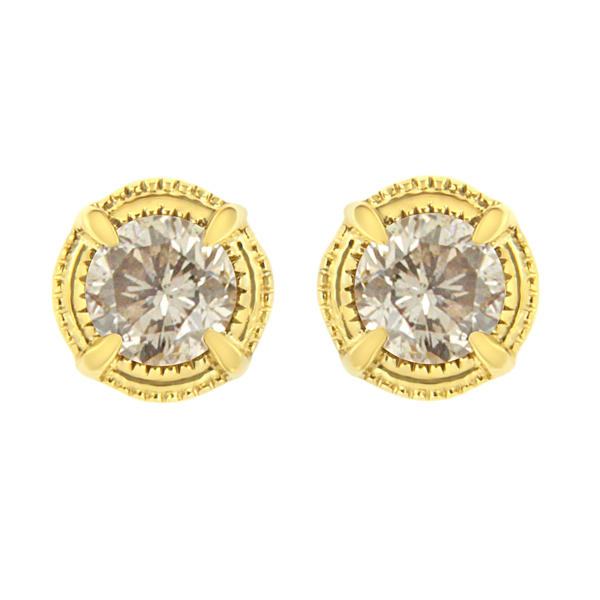14K Yellow Gold Plated .925 Sterling Silver 1.0 Cttw Round Brilliant Cut Diamond Solitaire Milgrain Stud Earrings (K-L Color, I2-I3 Clarity) Bids.com