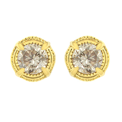 14K Yellow Gold Plated .925 Sterling Silver 1.0 Cttw Round Brilliant Cut Diamond Solitaire Milgrain Stud Earrings (K-L Color, I2-I3 Clarity) Bids.com