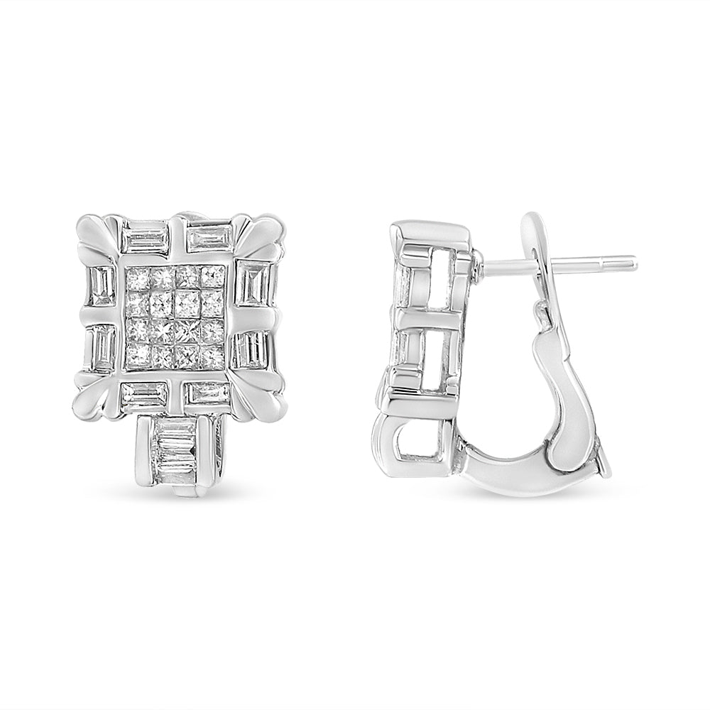 14K White Gold 1.0 Cttw Princess and Baguette-Cut Diamond Square Framed Huggie Hoop Omega Earrings (H-I Color, SI1-SI2 Clarity) Bids.com