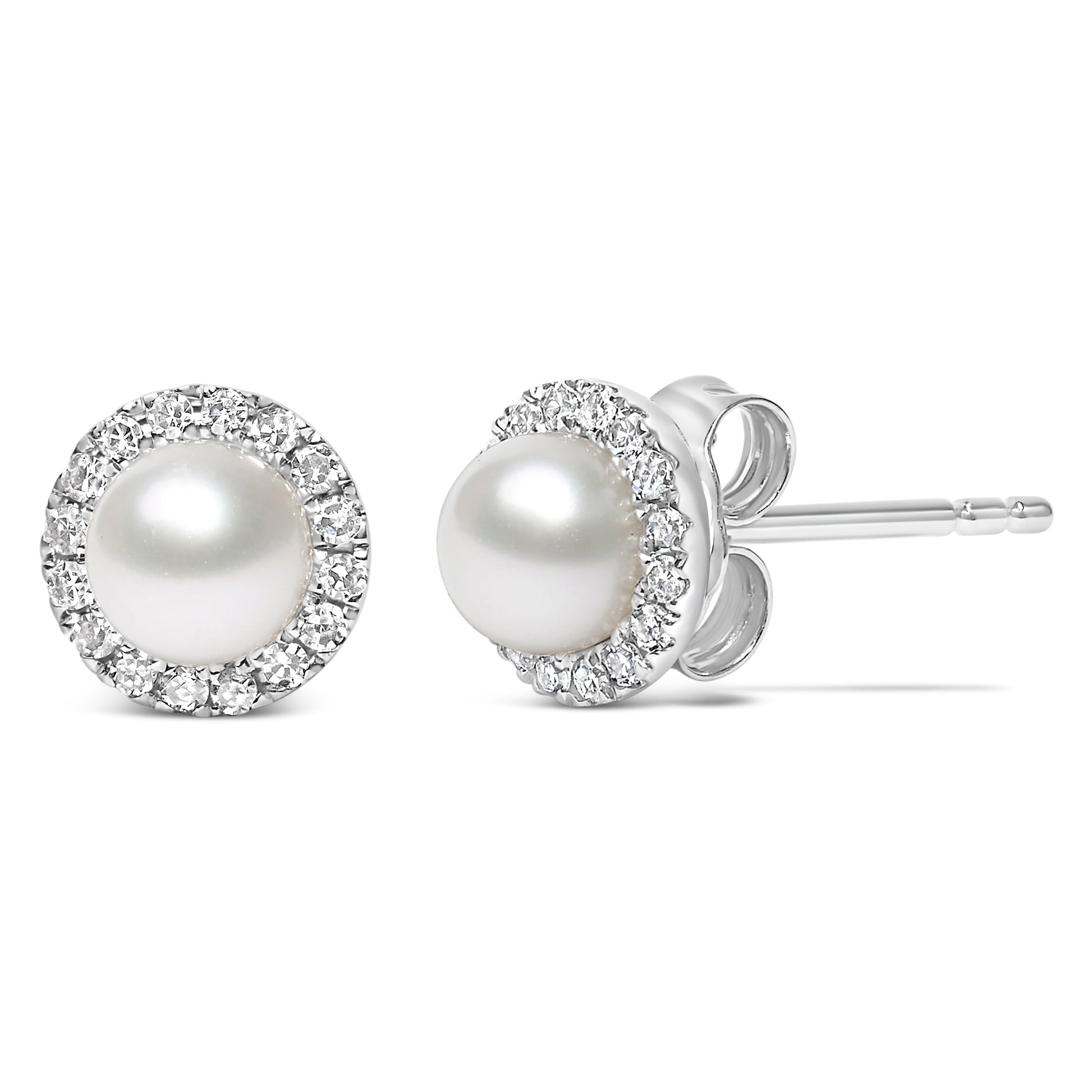 10K White Gold 4.5mm Cultured Freshwater Pearl and 1/7 Cttw Diamond Halo Stud Earring (I-J Color, I1-I2 Clarity) Bids.com