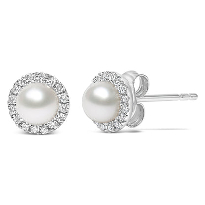 10K White Gold 4.5mm Cultured Freshwater Pearl and 1/7 Cttw Diamond Halo Stud Earring (I-J Color, I1-I2 Clarity) Bids.com
