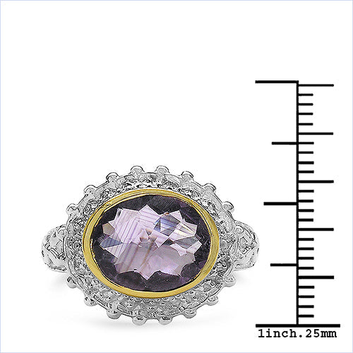 Two Tone Plated 4.36 Carat Genuine Amethyst & White Topaz .925 Sterling Silver Ring Bids.com