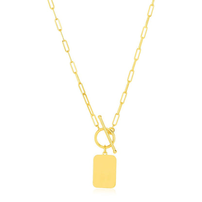 14k Yellow Gold Paperclip Chain Necklace with Rounded Rectangle Pendant Bids.com
