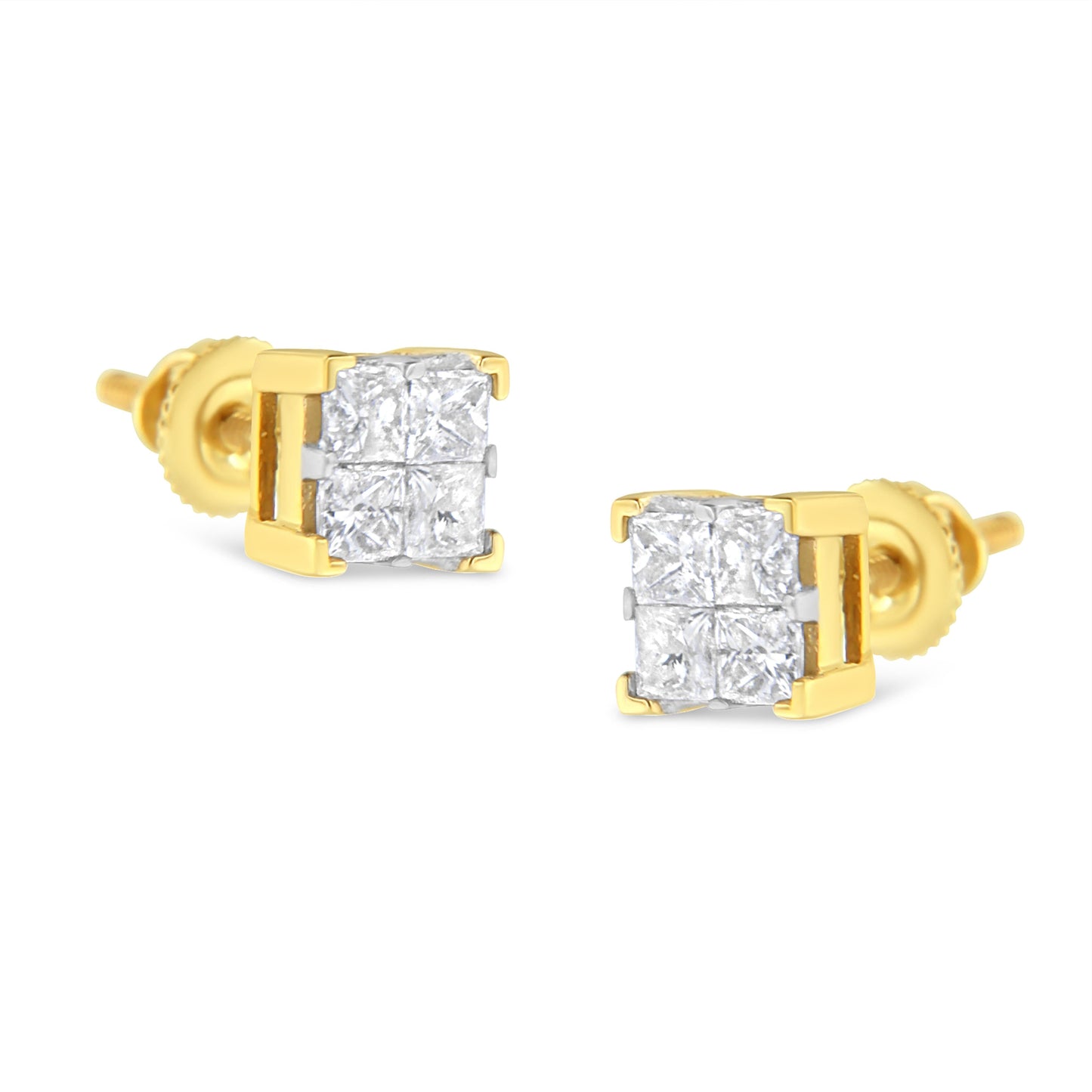 10K Yellow Gold 3/4 Cttw Invisible Set Princess-Cut Diamond Composite Square Stud Earrings (I-J Color, I2-I3 Clarity) Bids.com