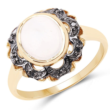 3.04 Carat Genuine White Moonstone and Black Diamond .925 Sterling Silver Ring Bids.com