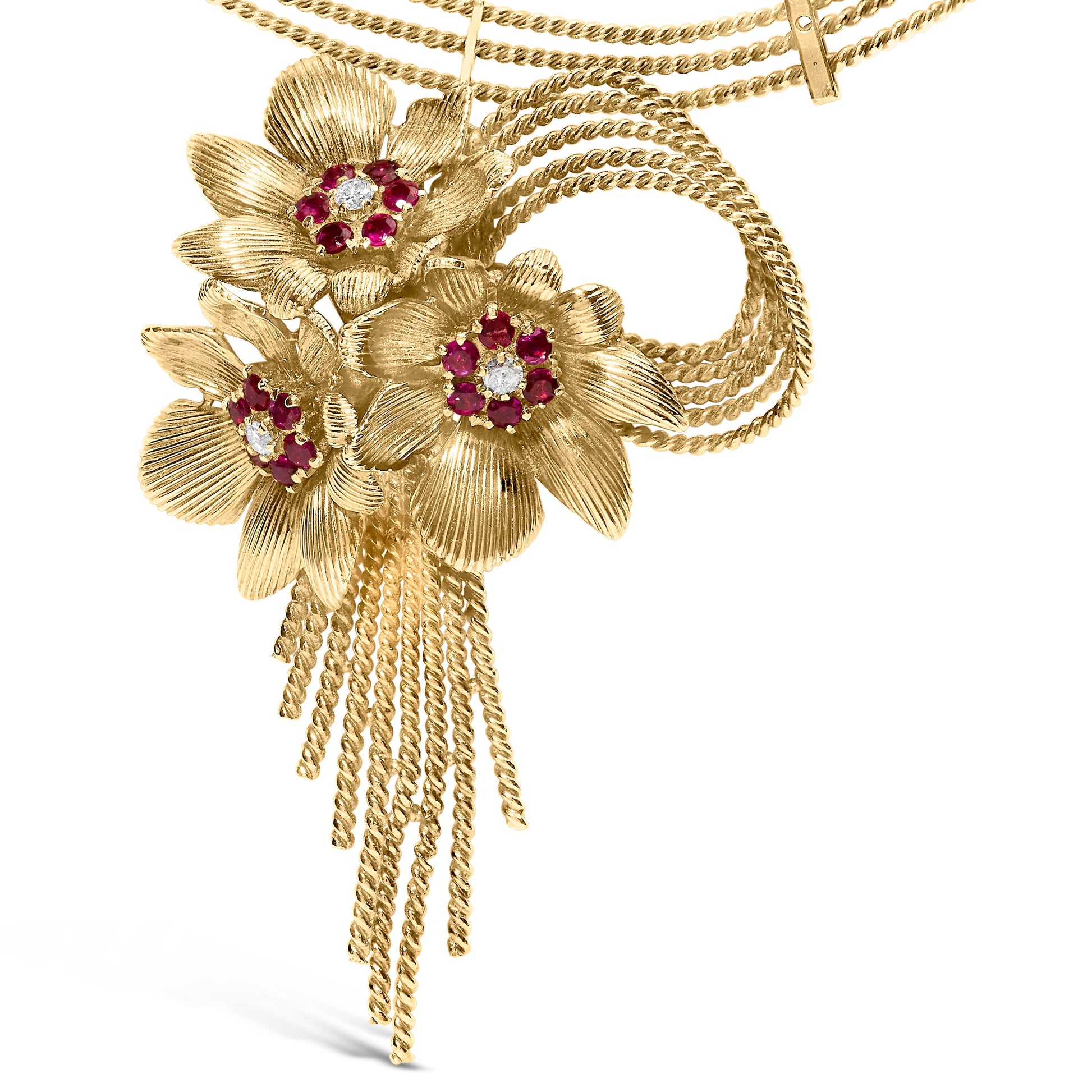 18K Yellow Gold Diamond and Red Ruby Floral Cascade Statement Necklace with 16" Inch Bead Chain (F-G Color, VS1-VS2 Clarity) Bids.com