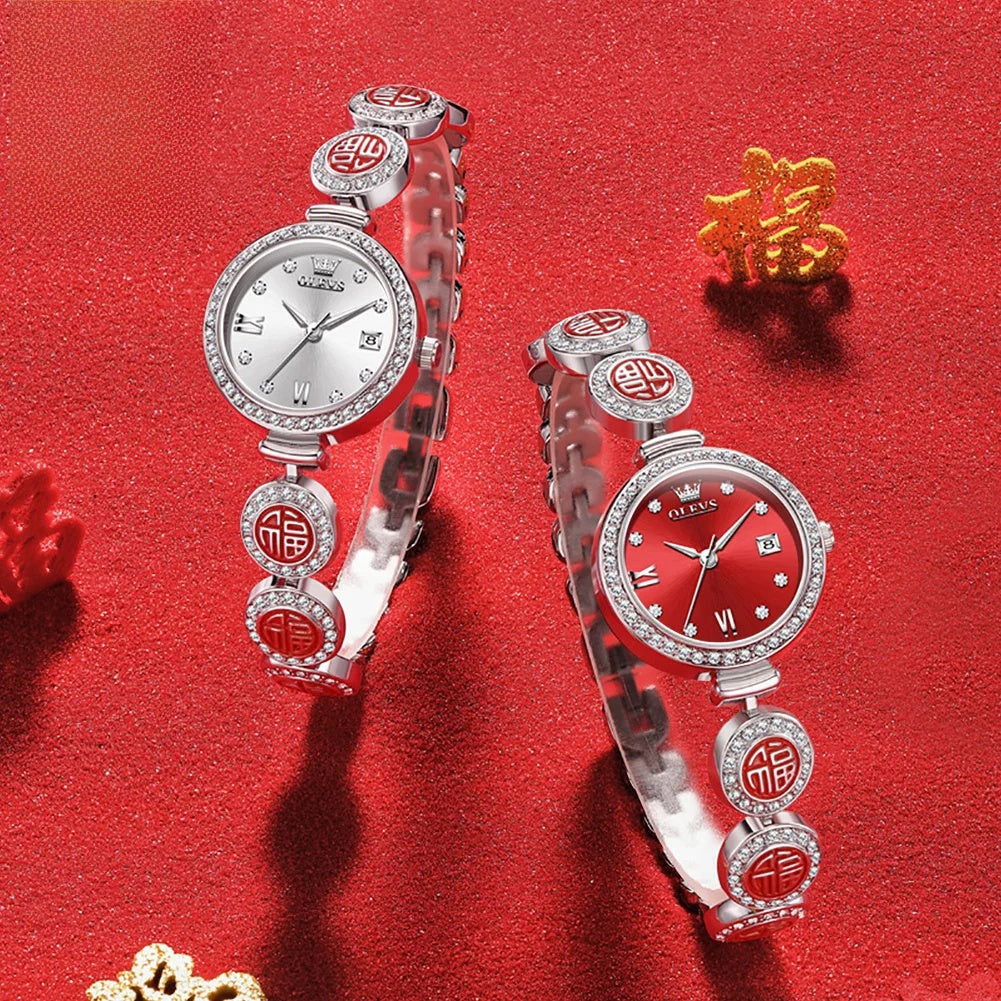 Women's Elegant Bracelet Quartz Watch Red Dial Waterproof BandsCo Straps