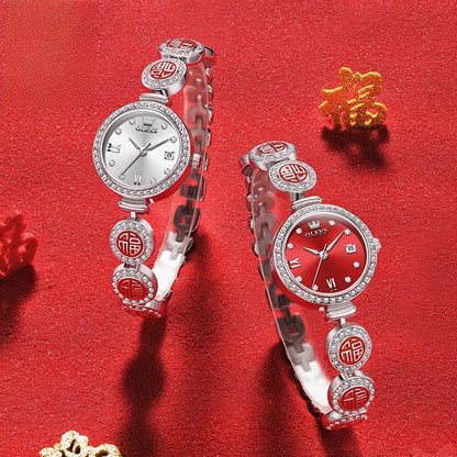 Women's Elegant Bracelet Quartz Watch Red Dial Waterproof BandsCo Straps