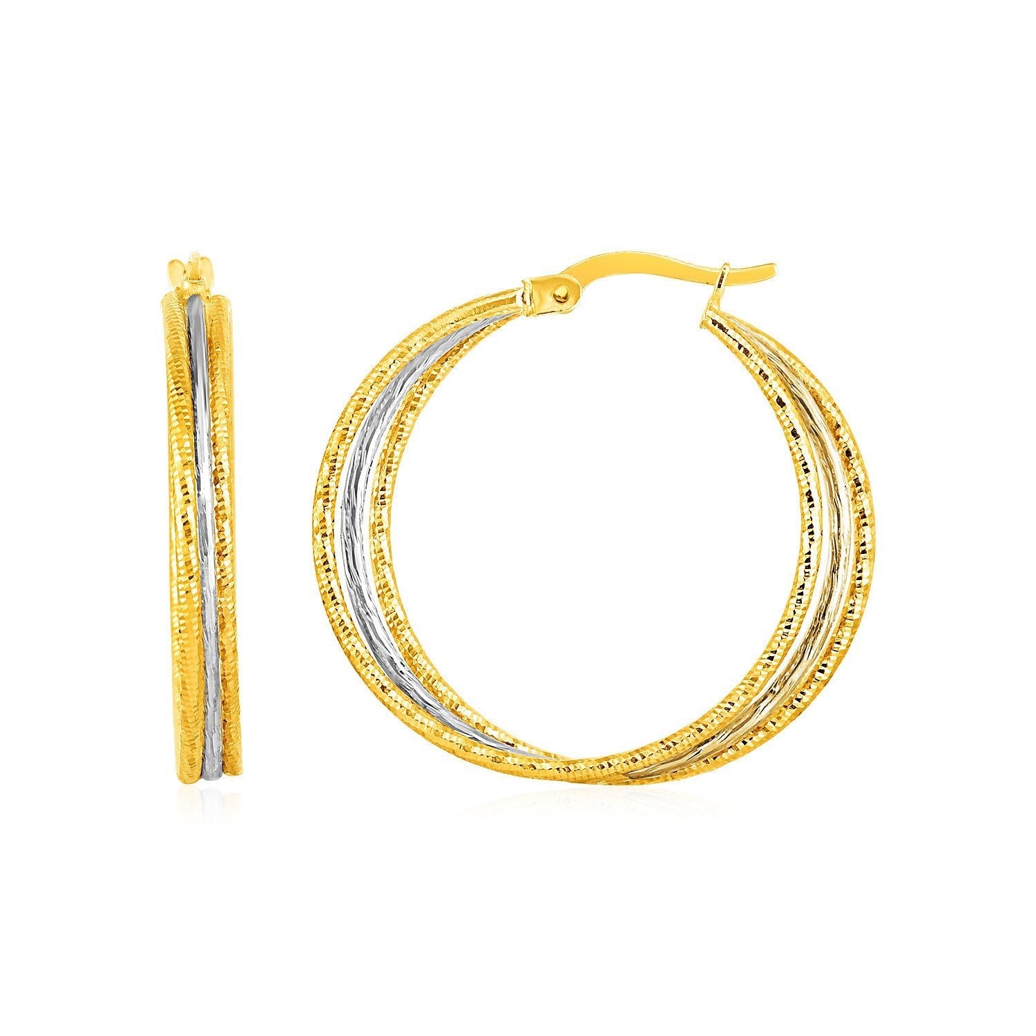 Three Part Textured Hoop Earrings in 14k Yellow and White Gold Bids.com
