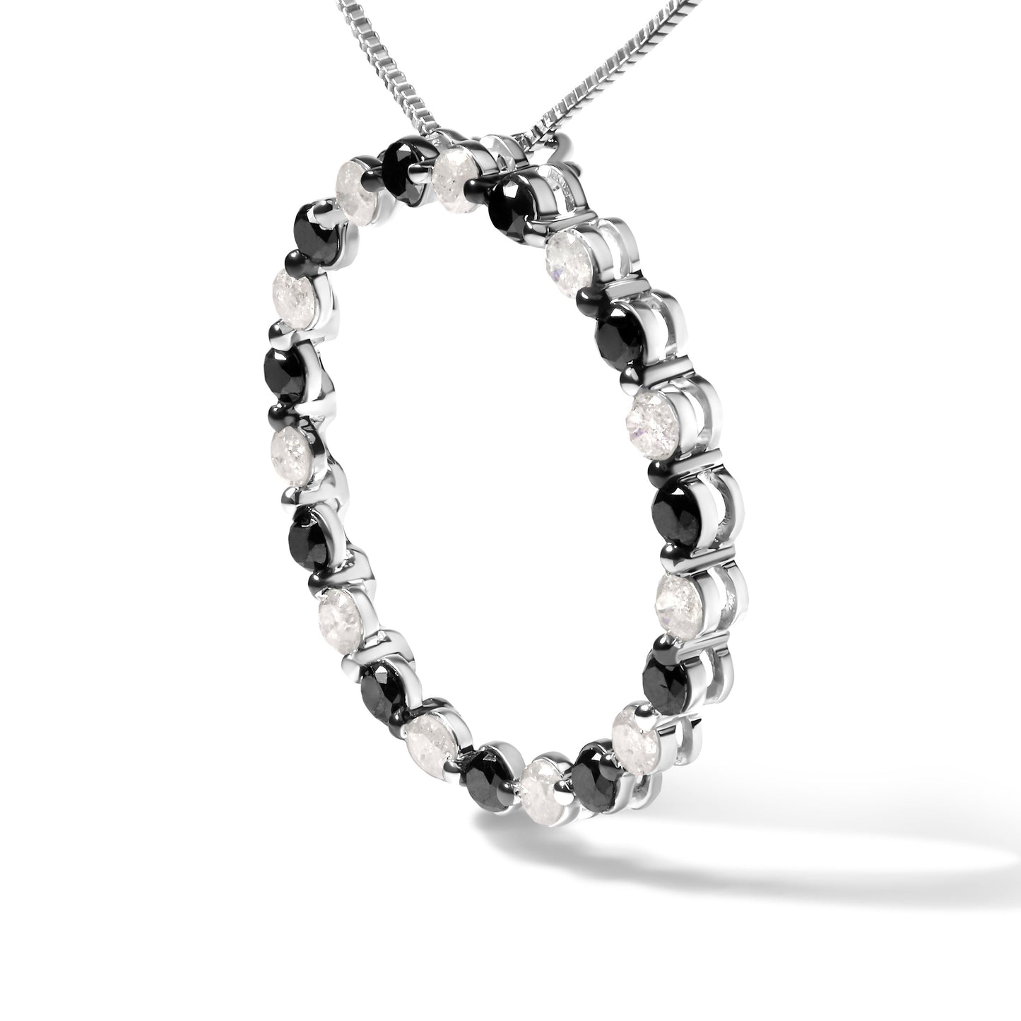 .925 Sterling Silver 1 3/4 Cttw Alternating Black and White Diamond Open Circle Hoop Pendant Necklace (H-I Color, I2-I3 Clarity) - 18" Inches Bids.com