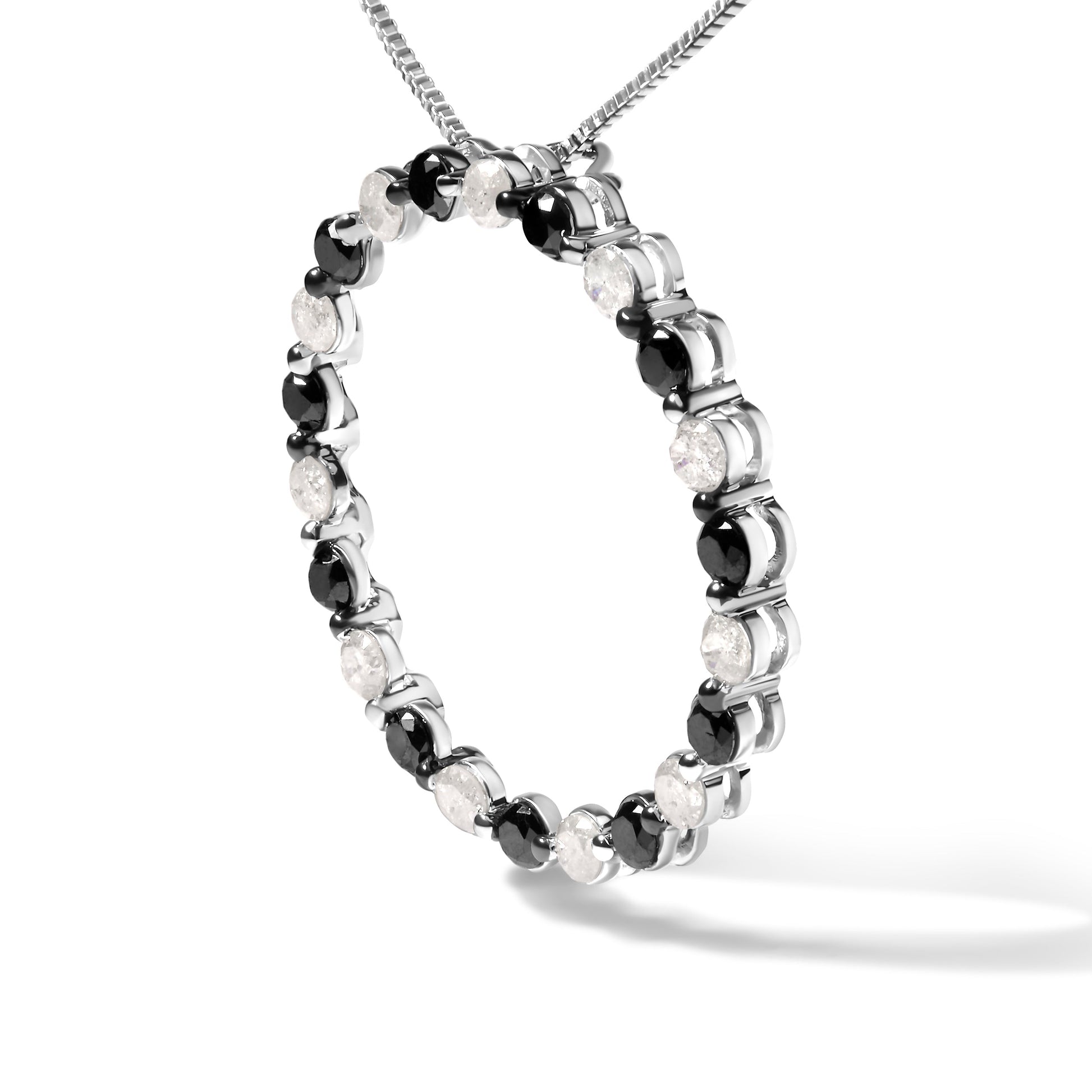 .925 Sterling Silver 1 3/4 Cttw Alternating Black and White Diamond Open Circle Hoop Pendant Necklace (H-I Color, I2-I3 Clarity) - 18" Inches Bids.com