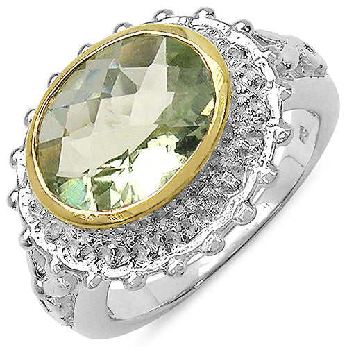 Two Tone Plated 4.16 Carat Genuine Green Amethyst & White Topaz .925 Sterling Silver Ring Bids.com