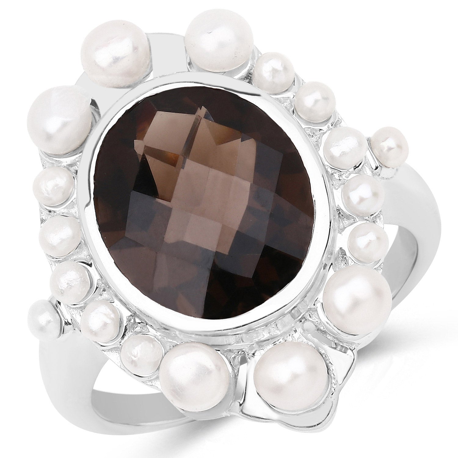 5.75 Carat Genuine Smoky Quartz and Pearl .925 Sterling Silver Ring Bids.com