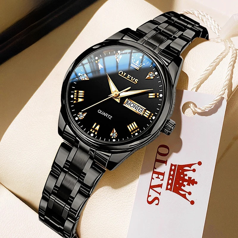 Women's Gold Stainless Steel Quartz Watch Dual Calendar BandsCo Straps