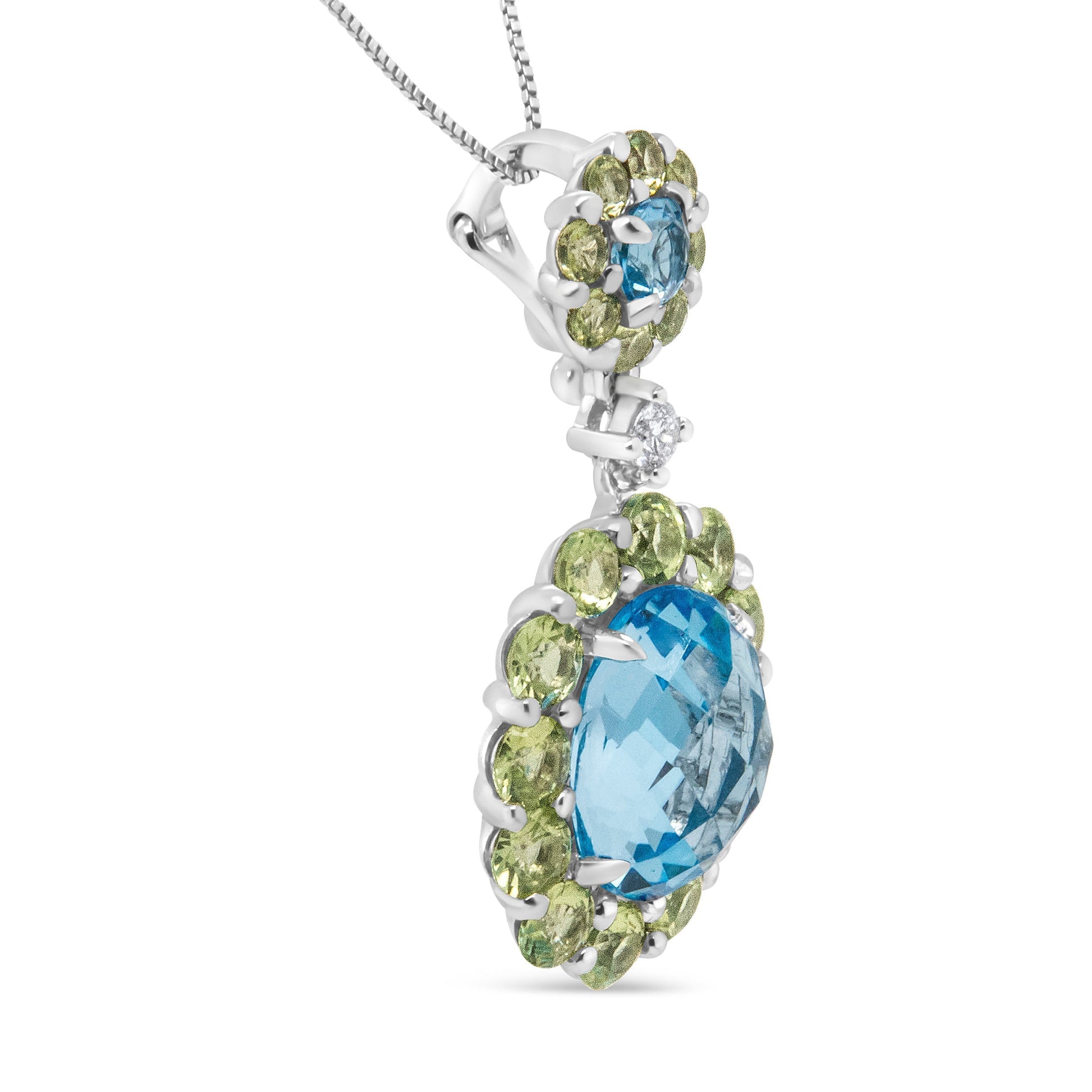 18k White Gold 0.05 Cttw Round Diamond and Blue Topaz and Green Peridot Gemstone Halo Drop 18" Pendant Necklace (F-G Color, VS1-VS2 Clarity) Bids.com