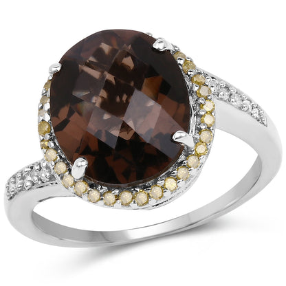 4.85 Carat Genuine Smoky Quartz, Yellow Diamond & White Diamond .925 Sterling Silver Ring Bids.com