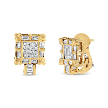 14K Yellow Gold 7/8 Cttw Princess and Baguette-Cut Diamond Square Framed Huggie Hoop Omega Earrings (H-I Color, SI1-SI2 Clarity) Bids.com
