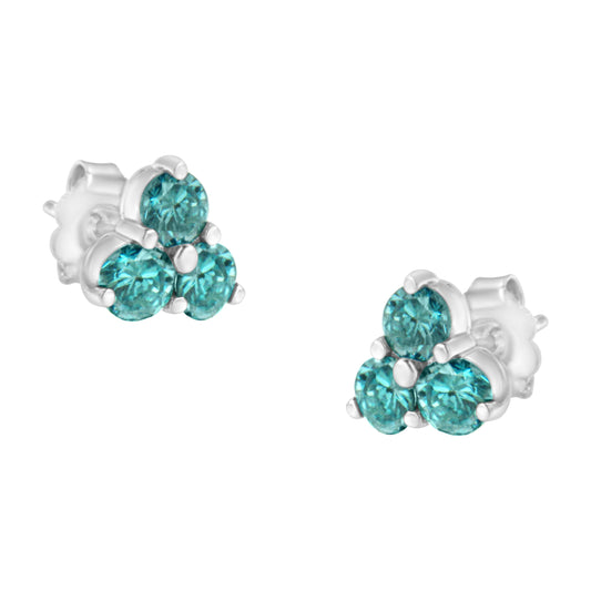 14KT White Gold Treated Blue Diamond Trio Stud Earrings (1 1/3 cttw, Blue) Bids.com