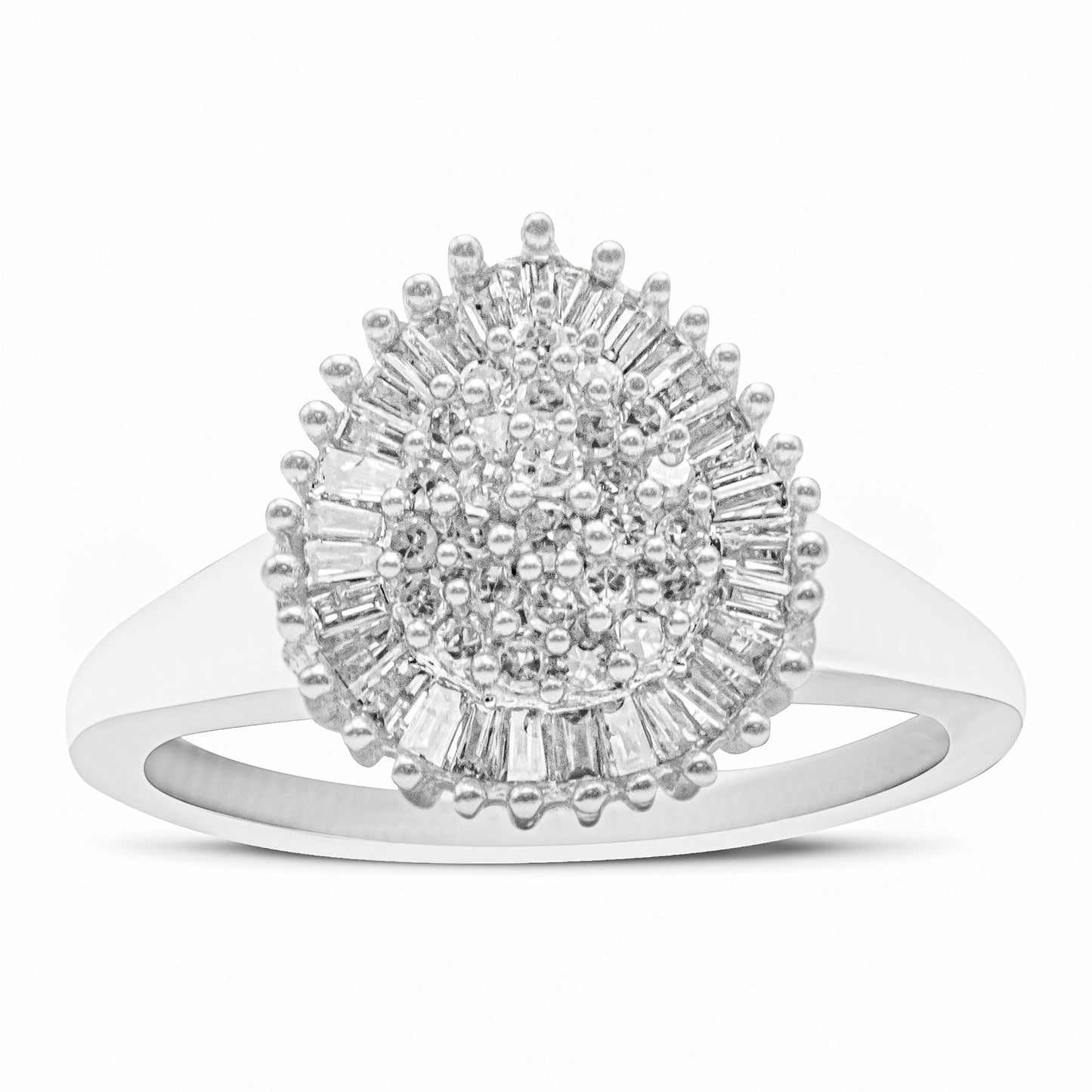 10K White Gold 1/2 Cttw Round & Baguette Cut Diamond Pear Shaped Domed PavÃ© Cluster with Halo Cocktail Ring (H-I Color, SI1-SI2 Clarity) - Size 5 Bids.com