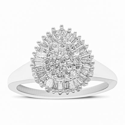 10K White Gold 1/2 Cttw Round & Baguette Cut Diamond Pear Shaped Domed PavÃ© Cluster with Halo Cocktail Ring (H-I Color, SI1-SI2 Clarity) - Size 5 Bids.com