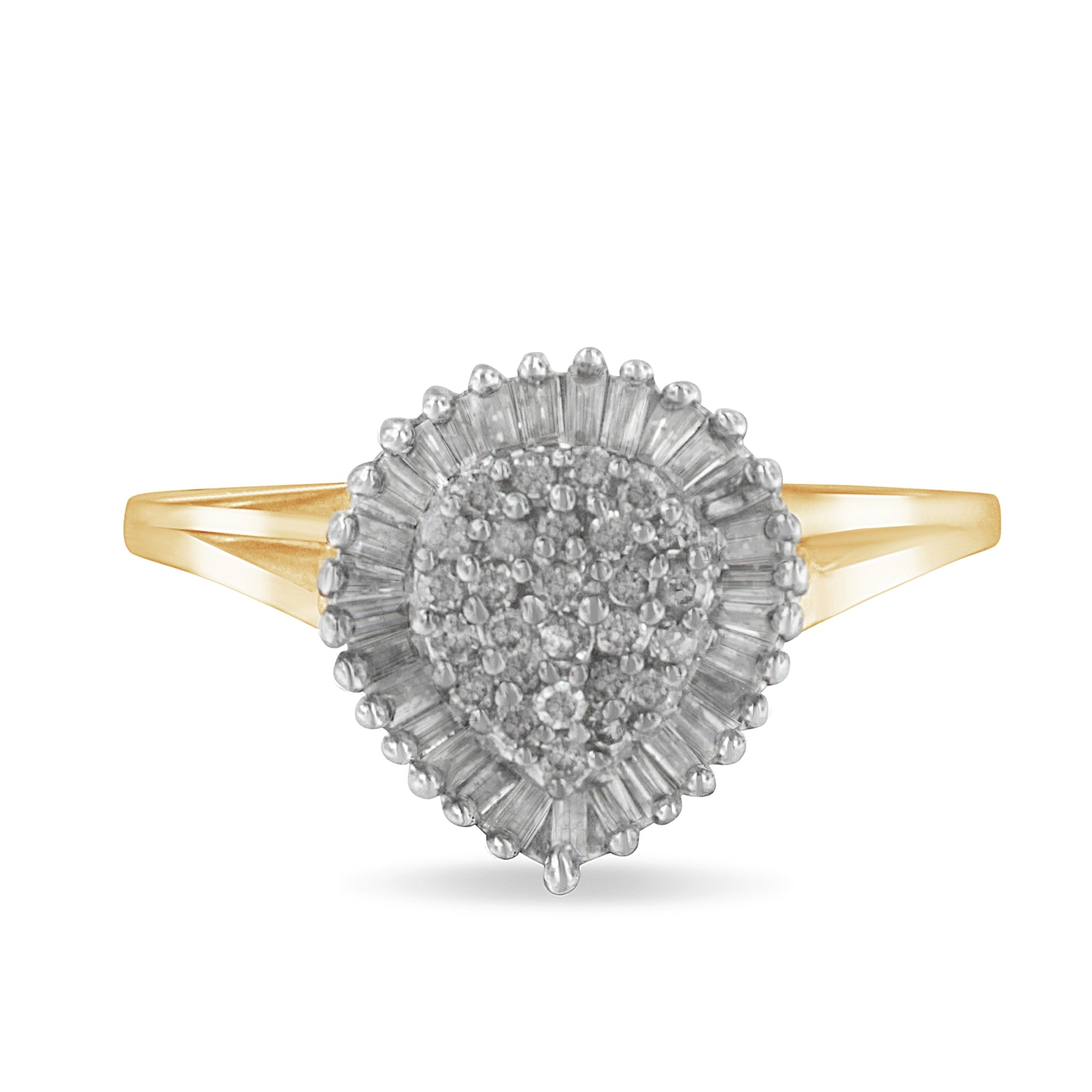 10K Yellow Gold 1/2 Cttw Round & Baguette Cut Diamond Pear Shaped Domed PavÃ© Cluster with Halo Cocktail Ring (J-K Color, I1-I2 Clarity) - Size 4-1/4 Bids.com