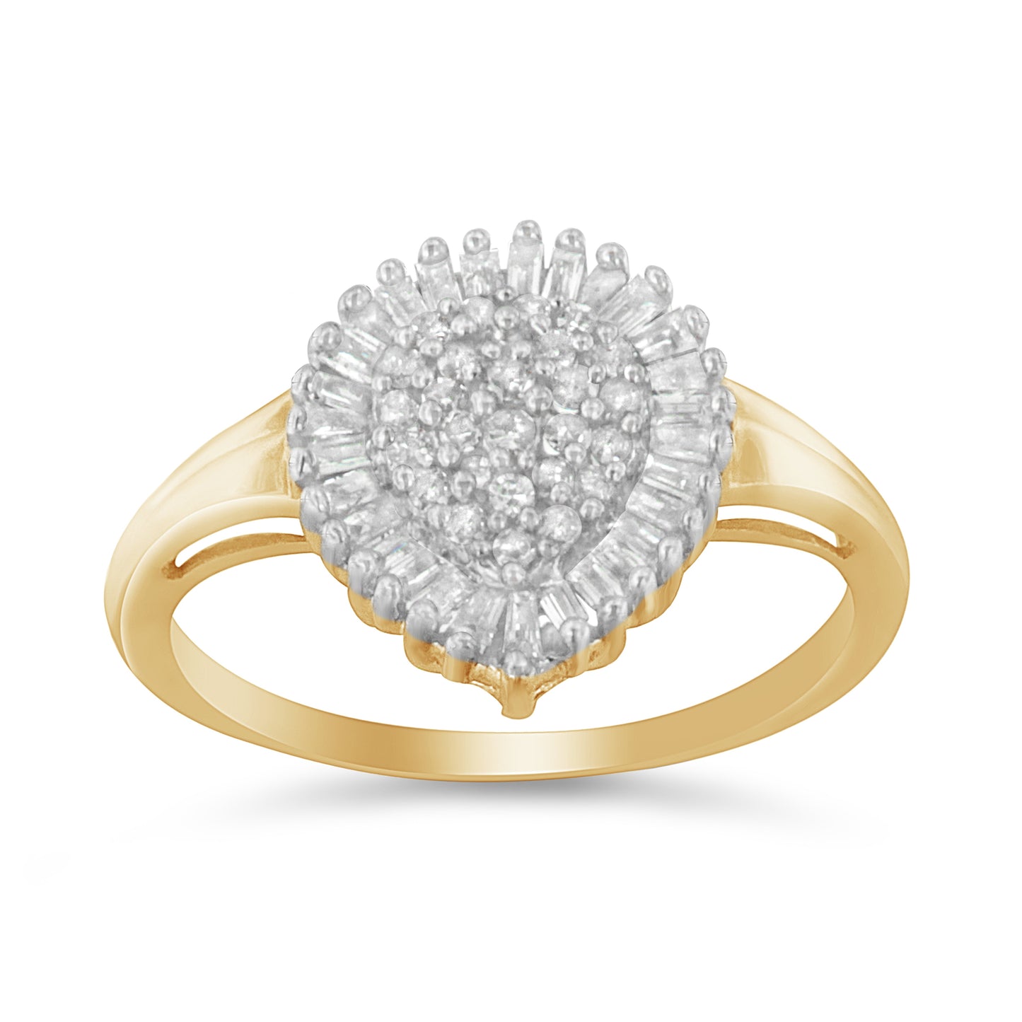 10K Yellow Gold 1/2 Cttw Round & Baguette Cut Diamond Pear Shaped Domed PavÃ© Cluster with Halo Cocktail Ring (J-K Color, I1-I2 Clarity) - Size 4-1/4 Bids.com