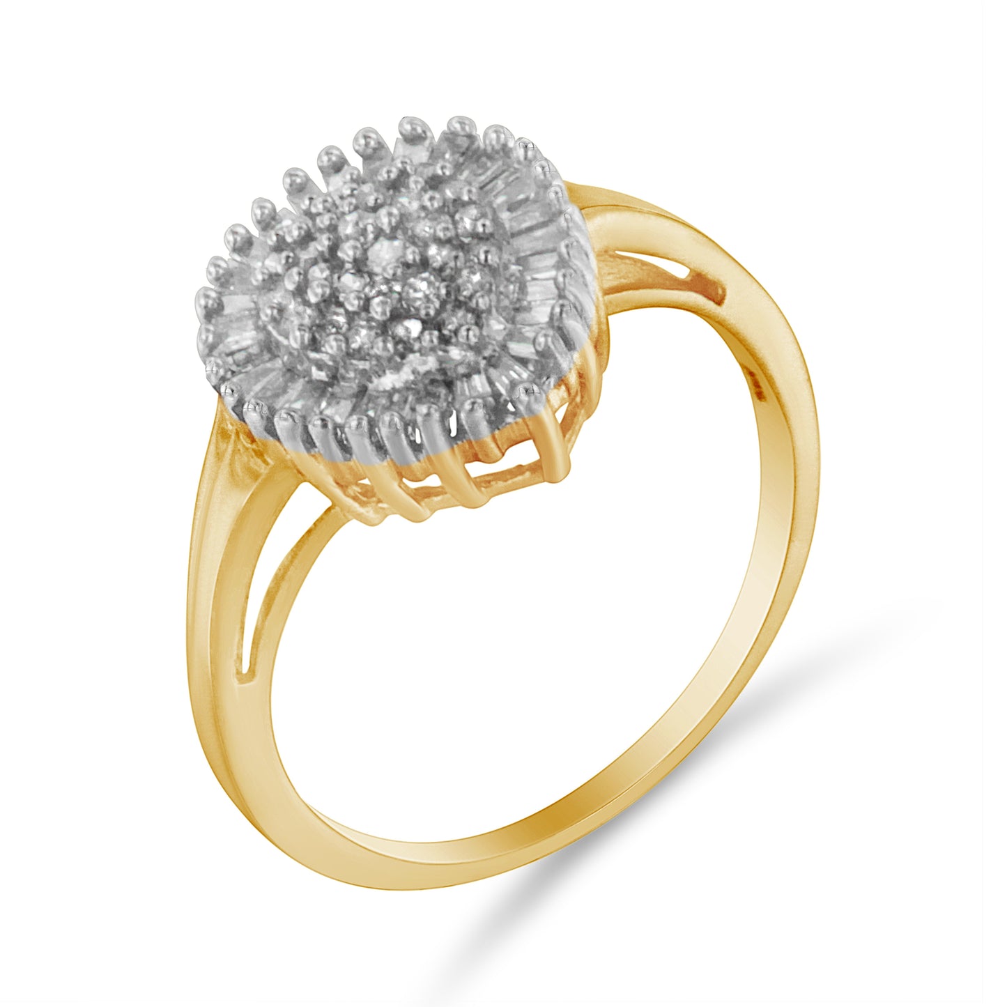 10K Yellow Gold 1/2 Cttw Round & Baguette Cut Diamond Pear Shaped Domed PavÃ© Cluster with Halo Cocktail Ring (J-K Color, I1-I2 Clarity) - Size 4-1/4 Bids.com