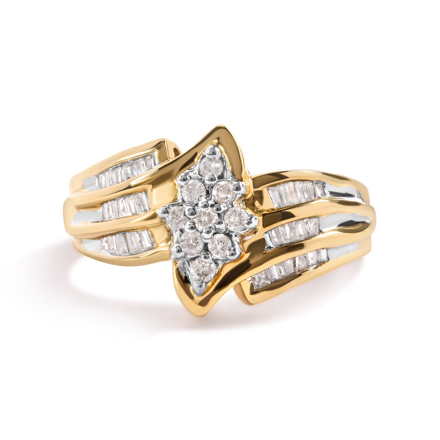 10K Yellow Gold 1/2 Cttw Round And Baguette-cut Diamond Cluster Head and Channel Set Shank Ring (H-I Color, I1-I2 Clarity) - Ring Size 7 Bids.com