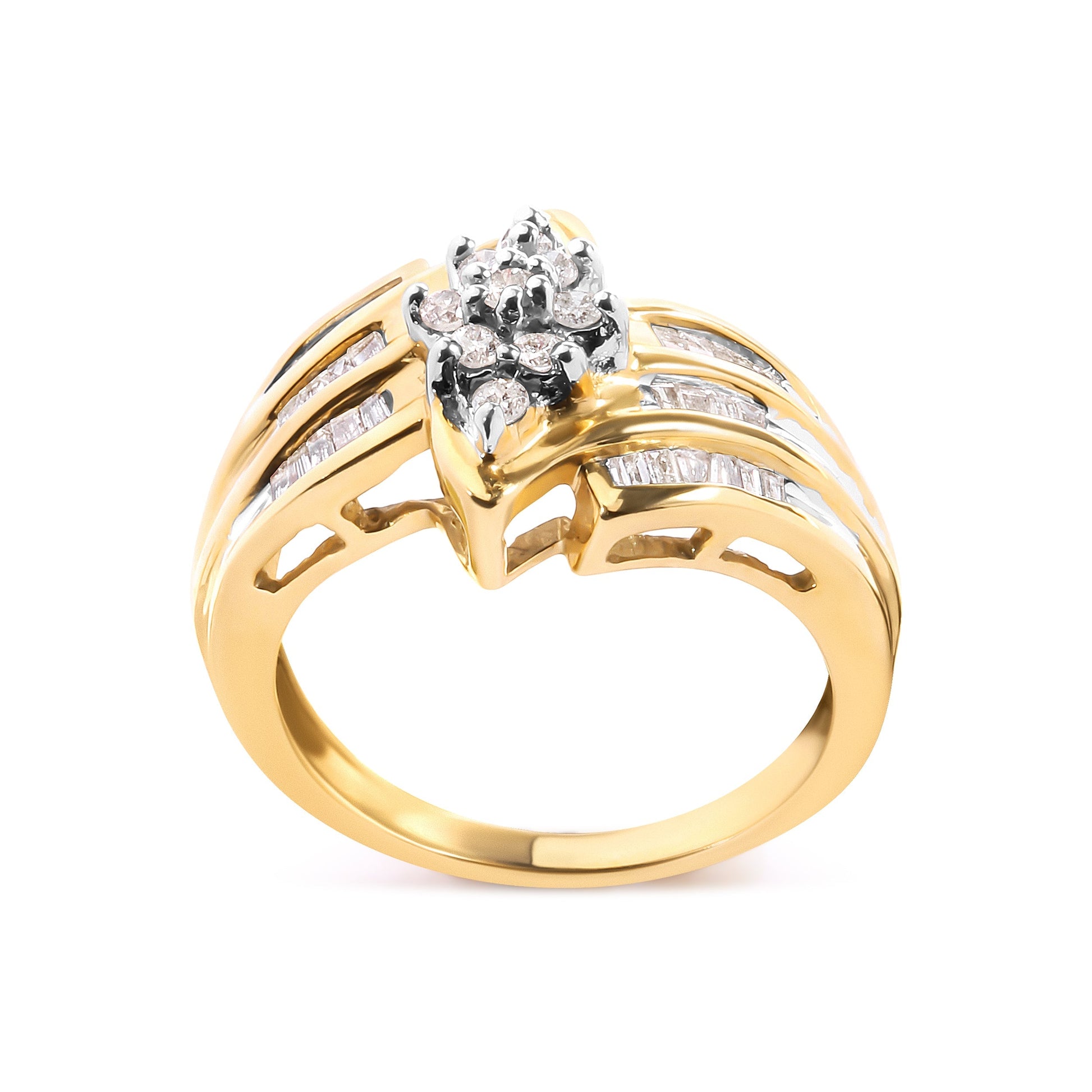 10K Yellow Gold 1/2 Cttw Round And Baguette-cut Diamond Cluster Head and Channel Set Shank Ring (H-I Color, I1-I2 Clarity) - Ring Size 7 Bids.com