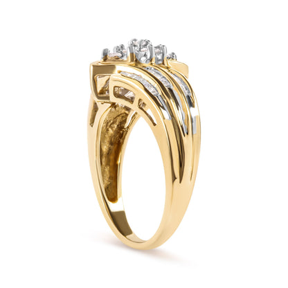 10K Yellow Gold 1/2 Cttw Round And Baguette-cut Diamond Cluster Head and Channel Set Shank Ring (H-I Color, I1-I2 Clarity) - Ring Size 7 Bids.com
