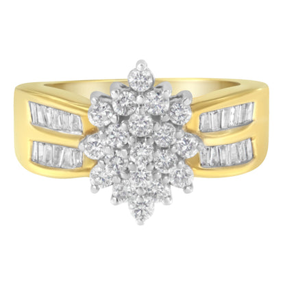 10K Yellow Gold 1.0 Cttw Round & Baguette Cut Diamond Floral Cluster Double-Channel Flared Band Statement Ring (H-I Color, SI2-I1 Clarity) - Size 6-1/2 Bids.com