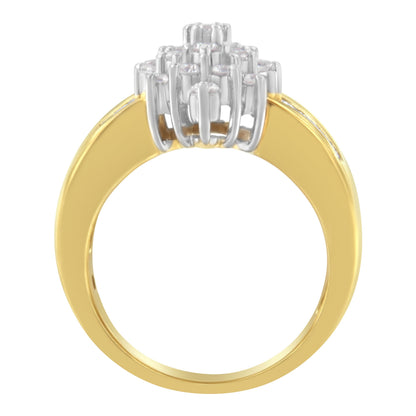 10K Yellow Gold 1.0 Cttw Round & Baguette Cut Diamond Floral Cluster Double-Channel Flared Band Statement Ring (H-I Color, SI2-I1 Clarity) - Size 6-1/2 Bids.com
