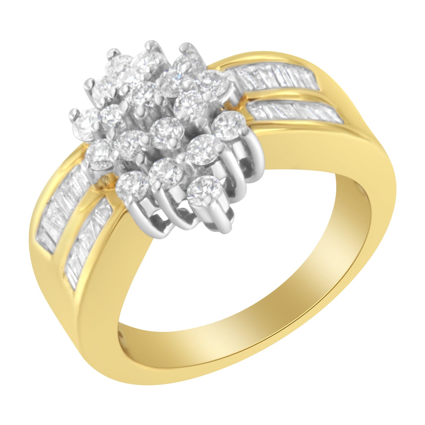 10K Yellow Gold 1.0 Cttw Round & Baguette Cut Diamond Floral Cluster Double-Channel Flared Band Statement Ring (H-I Color, SI2-I1 Clarity) - Size 6-1/2 Bids.com