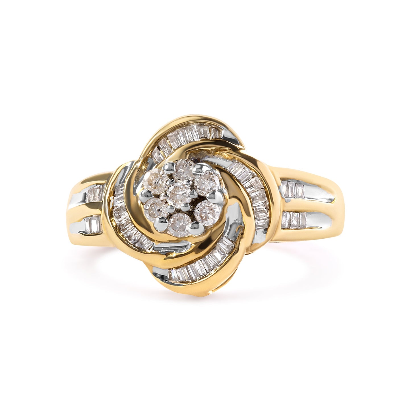 10K Yellow Gold 1/2 Cttw Round and Baguette Diamond Flower Swirl Cocktail Ring (I-J Color, SI2-I1 Clarity) - Ring Size 7 Bids.com