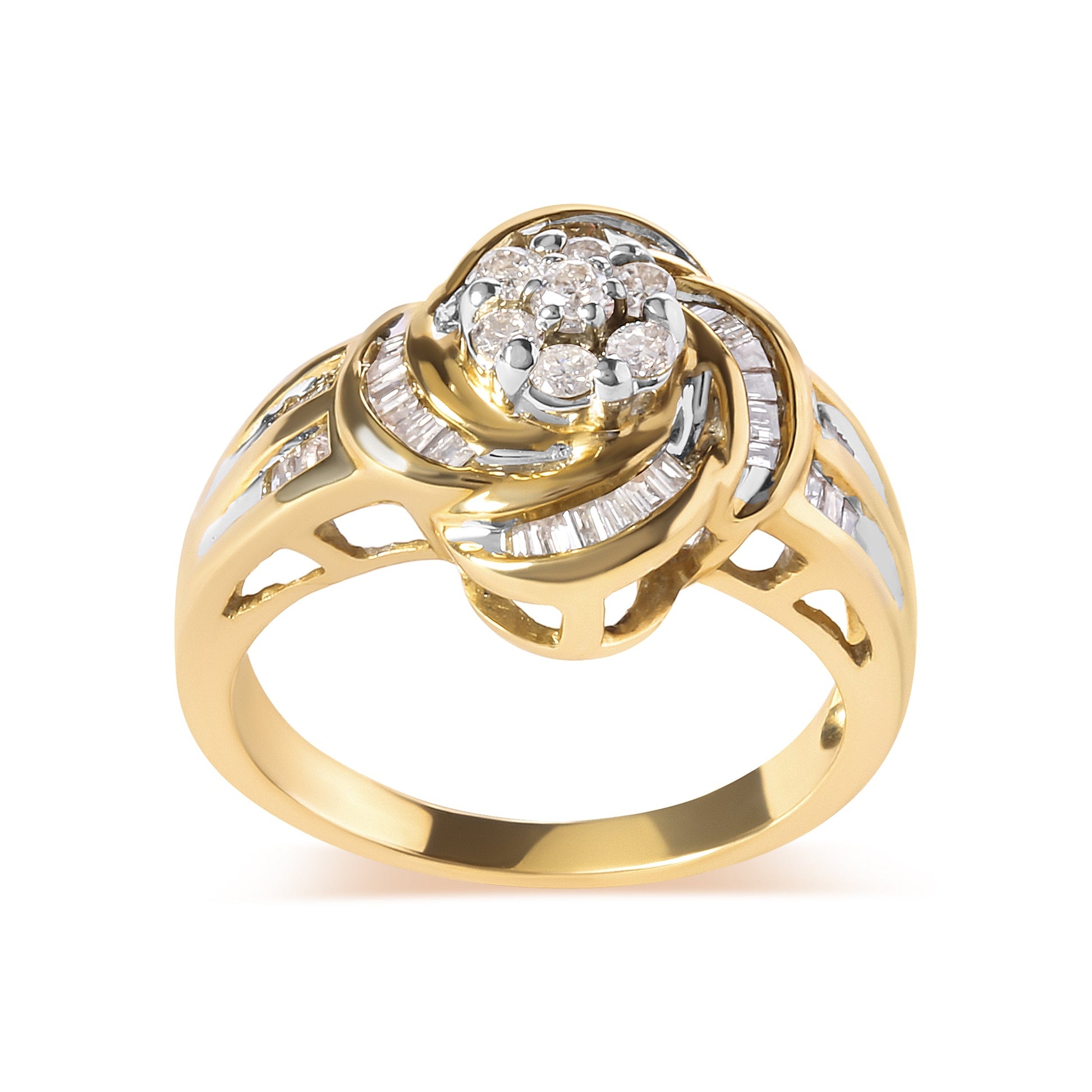 10K Yellow Gold 1/2 Cttw Round and Baguette Diamond Flower Swirl Cocktail Ring (I-J Color, SI2-I1 Clarity) - Ring Size 7 Bids.com