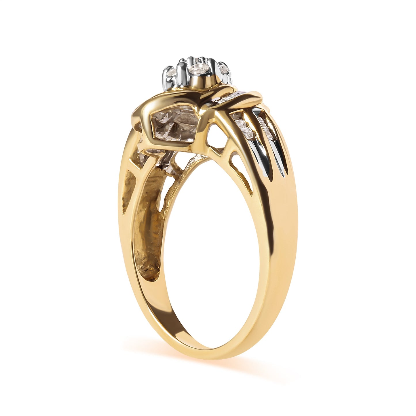 10K Yellow Gold 1/2 Cttw Round and Baguette Diamond Flower Swirl Cocktail Ring (I-J Color, SI2-I1 Clarity) - Ring Size 7 Bids.com
