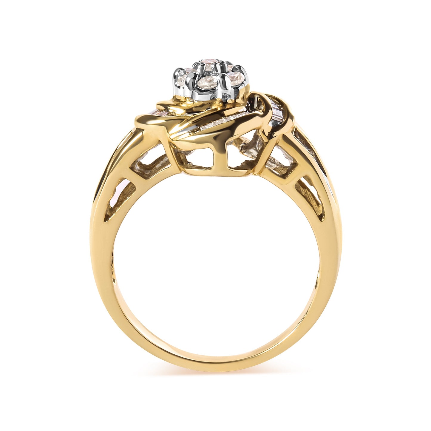 10K Yellow Gold 1/2 Cttw Round and Baguette Diamond Flower Swirl Cocktail Ring (I-J Color, SI2-I1 Clarity) - Ring Size 7 Bids.com