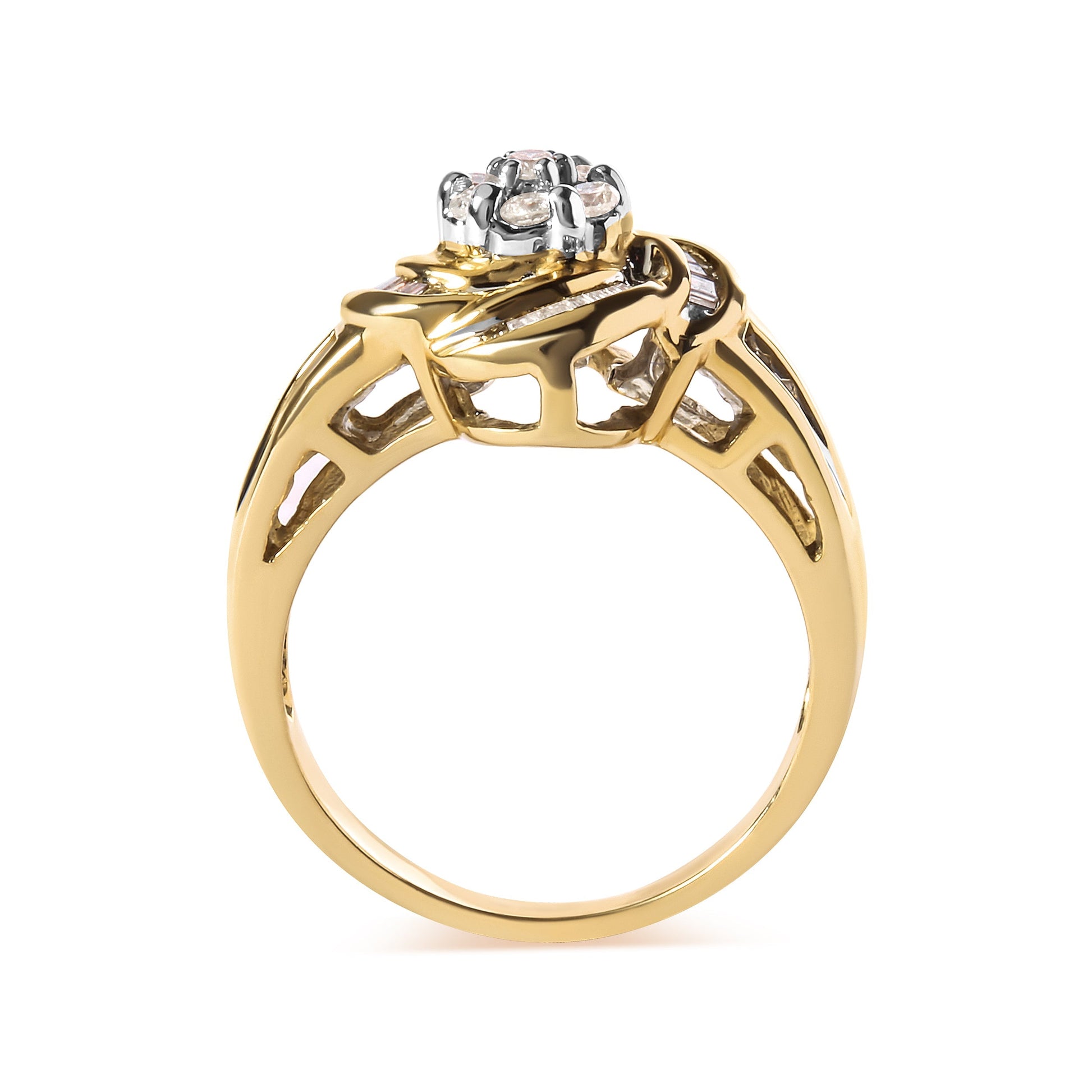 10K Yellow Gold 1/2 Cttw Round and Baguette Diamond Flower Swirl Cocktail Ring (I-J Color, SI2-I1 Clarity) - Ring Size 7 Bids.com