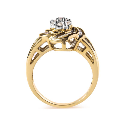 10K Yellow Gold 1/2 Cttw Round and Baguette Diamond Flower Swirl Cocktail Ring (I-J Color, SI2-I1 Clarity) - Ring Size 7 Bids.com