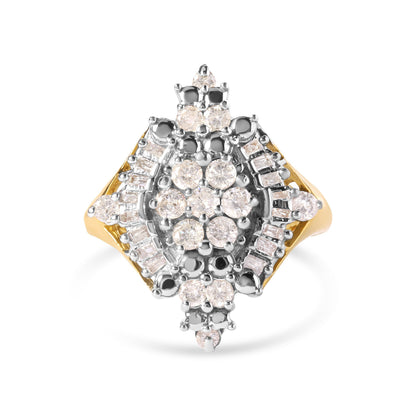 10K Yellow Gold 1 Cttw Round and Baguette cut Diamond Cluster and Rhombus Halo Ring (H-I Color, I1-I2 Clarity) - Ring Size 7 Bids.com