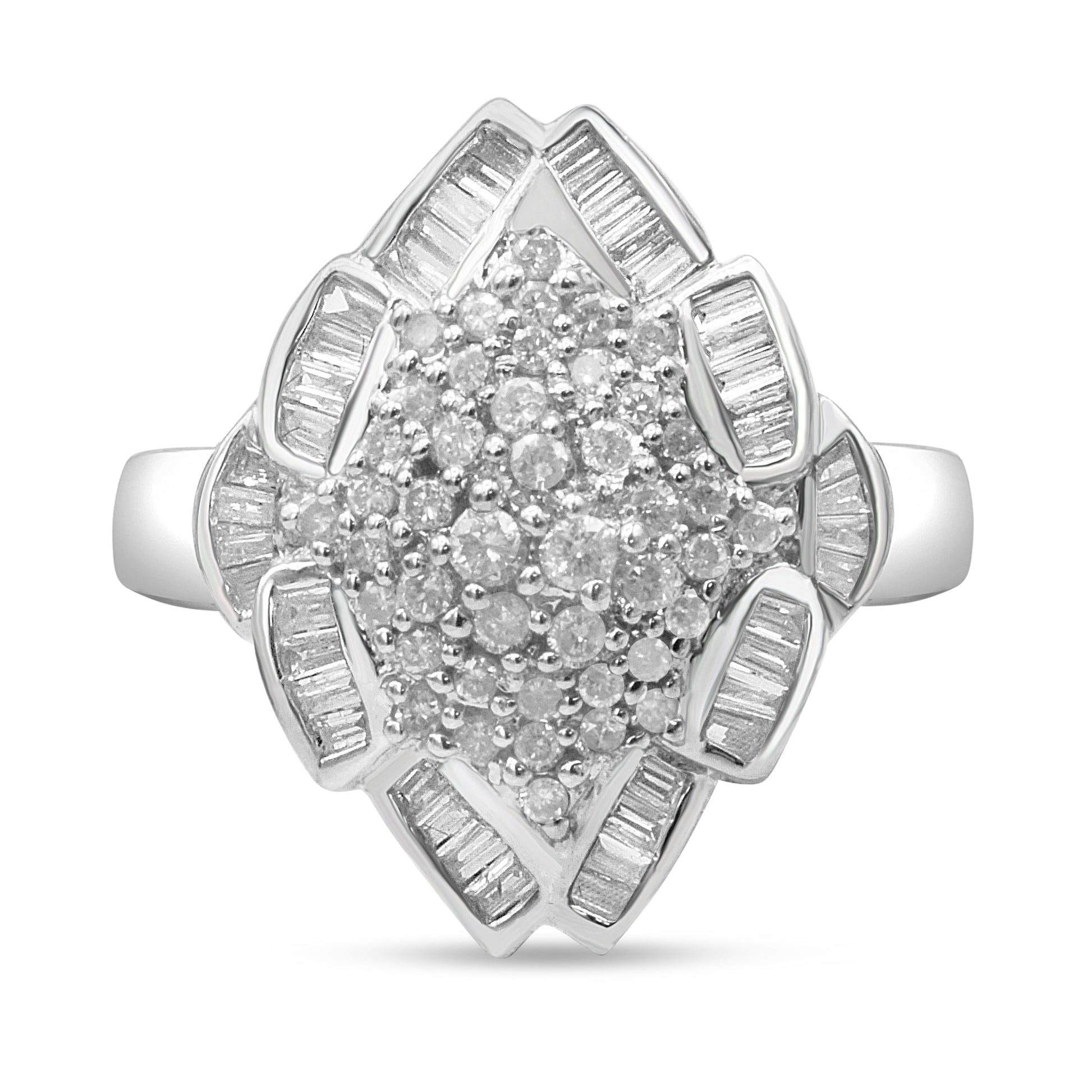 14K White Gold 7/8 Cttw Round and Baguette-Cut Diamond Cluster Ring (H-I Color, SI2-I1 Clarity) - Size 7 Bids.com