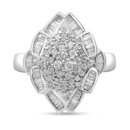 14K White Gold 7/8 Cttw Round and Baguette-Cut Diamond Cluster Ring (H-I Color, SI2-I1 Clarity) - Size 7 Bids.com