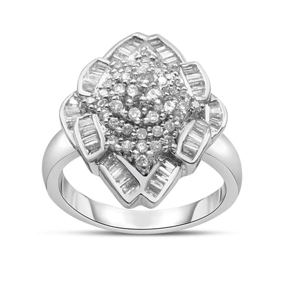 14K White Gold 7/8 Cttw Round and Baguette-Cut Diamond Cluster Ring (H-I Color, SI2-I1 Clarity) - Size 7 Bids.com