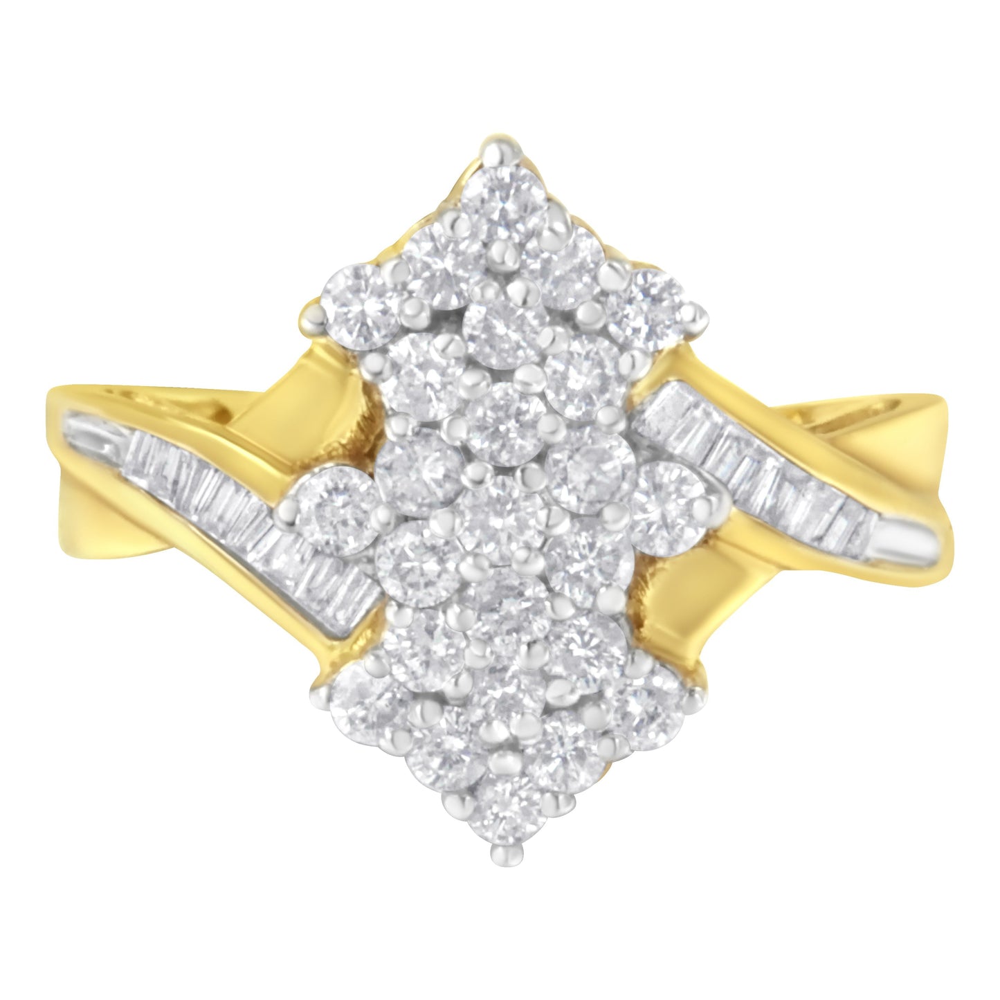10K Yellow Gold Round And Baguette Cut Diamond Cluster Ring (1 1/10 Cttw, H-I Color, SI2-I1 Clarity) - Size 7 Bids.com