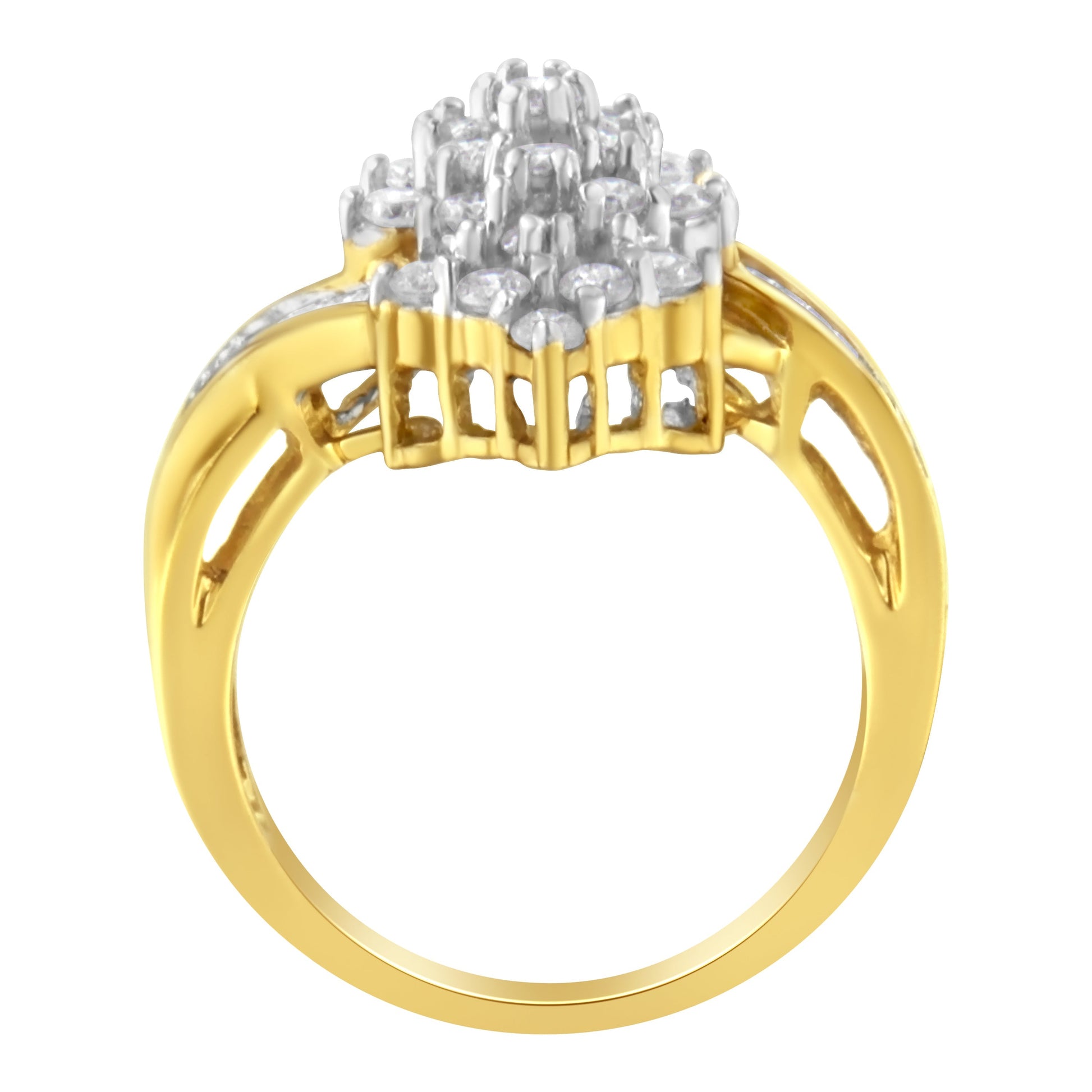 10K Yellow Gold Round And Baguette Cut Diamond Cluster Ring (1 1/10 Cttw, H-I Color, SI2-I1 Clarity) - Size 7 Bids.com