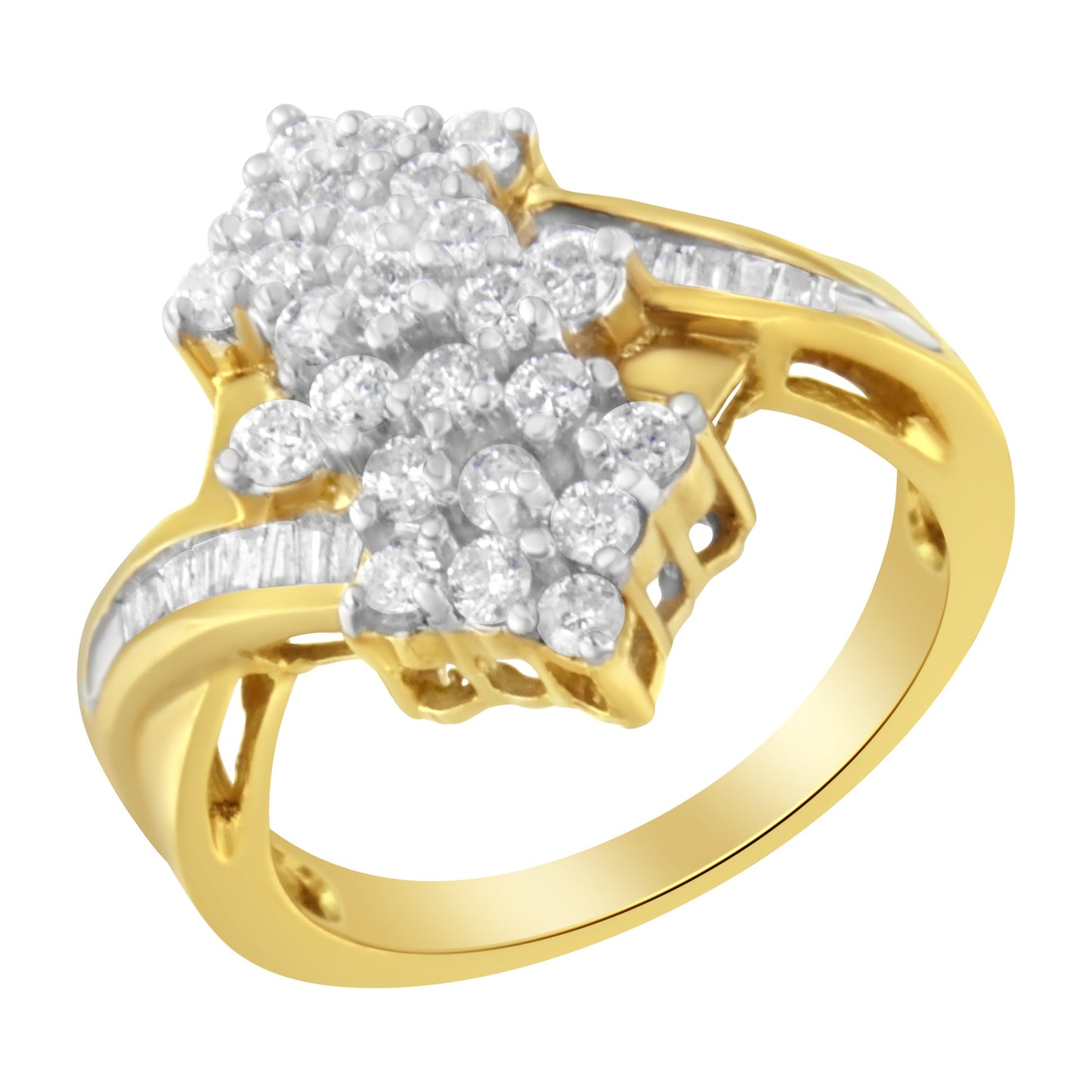 10K Yellow Gold Round And Baguette Cut Diamond Cluster Ring (1 1/10 Cttw, H-I Color, SI2-I1 Clarity) - Size 7 Bids.com